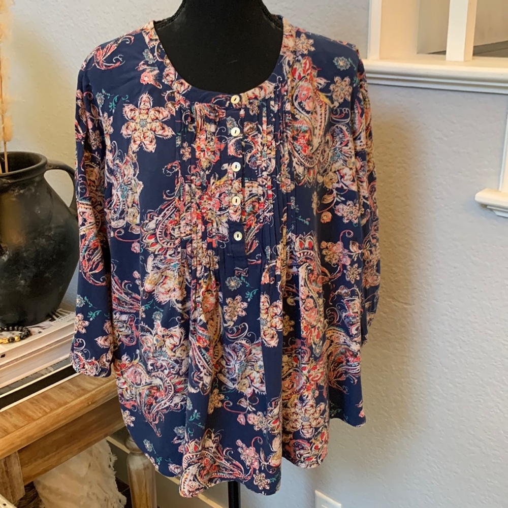 Anthropologie Daniel Rainn Blue Floral Blouse Top Size 1X